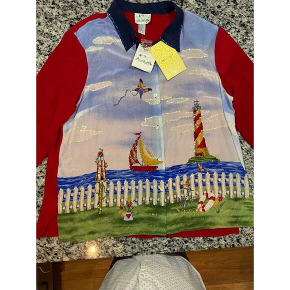 The Quacker Factory Tops - The Quacker Factory Shirt Nautical Sequins Size 2X 100% Silk Vintage NWT